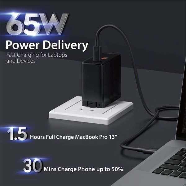 65W PD 3.0 Foldable 2-Port Wall Charger - Black - Image 2