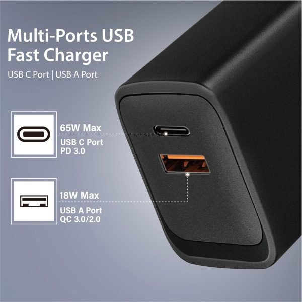 65W PD 3.0 Foldable 2-Port Wall Charger - Black - Image 4