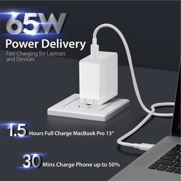 65W PD 3.0 Foldable 2-Port Wall Charger - White - Image 2