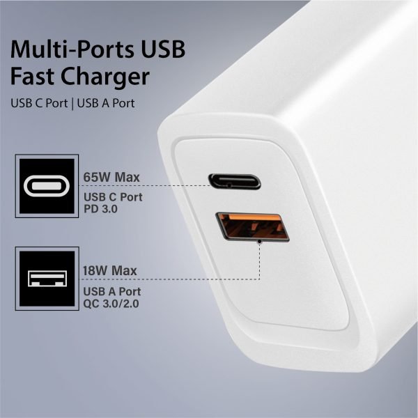 65W PD 3.0 Foldable 2-Port Wall Charger - White - Image 8