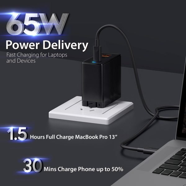 65W PD 3.0 Foldable 3-Port Wall Charger - Black - Image 2