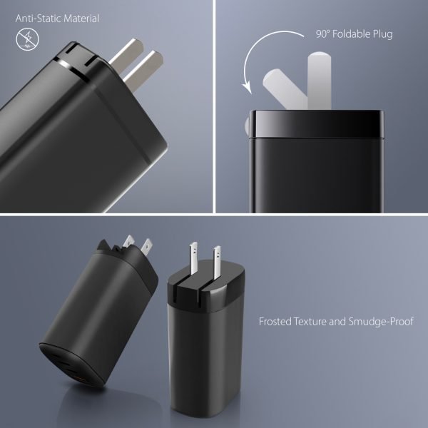 65W PD 3.0 Foldable 3-Port Wall Charger - Black - Image 3