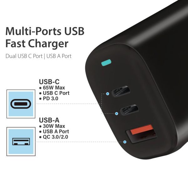 65W PD 3.0 Foldable 3-Port Wall Charger - Black - Image 4