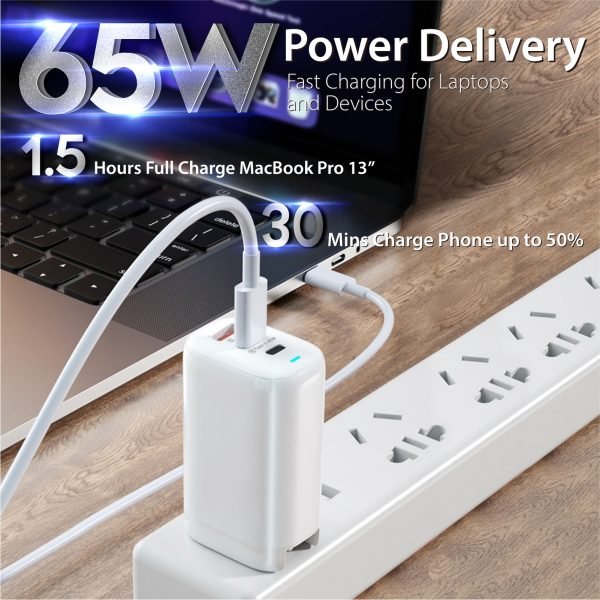 65W PD 3.0 Foldable 3-Port Wall Charger - White - Image 2