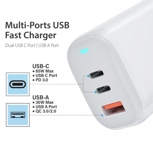 65W PD 3.0 Foldable 3-Port Wall Charger - White - Image 4